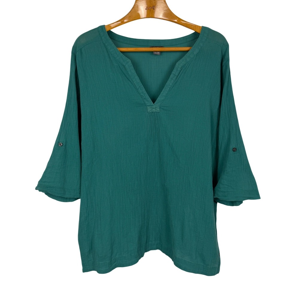 Eddie Bauer Women's 2XL Green Gauze Cotton Roll Tab 3/4 Sleeve Tunic Top